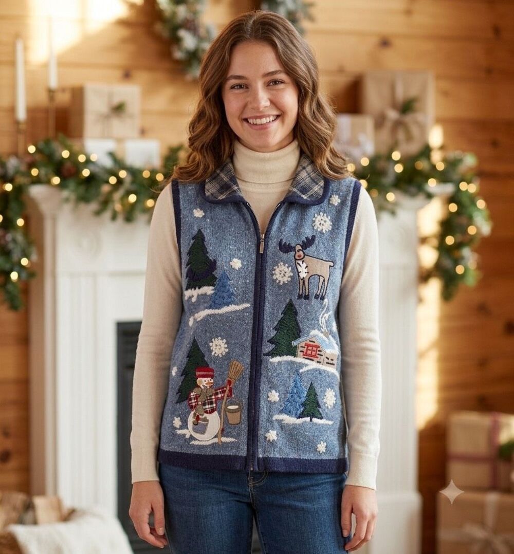 Victoria Jones size PM knitted winter holiday theme vest.
